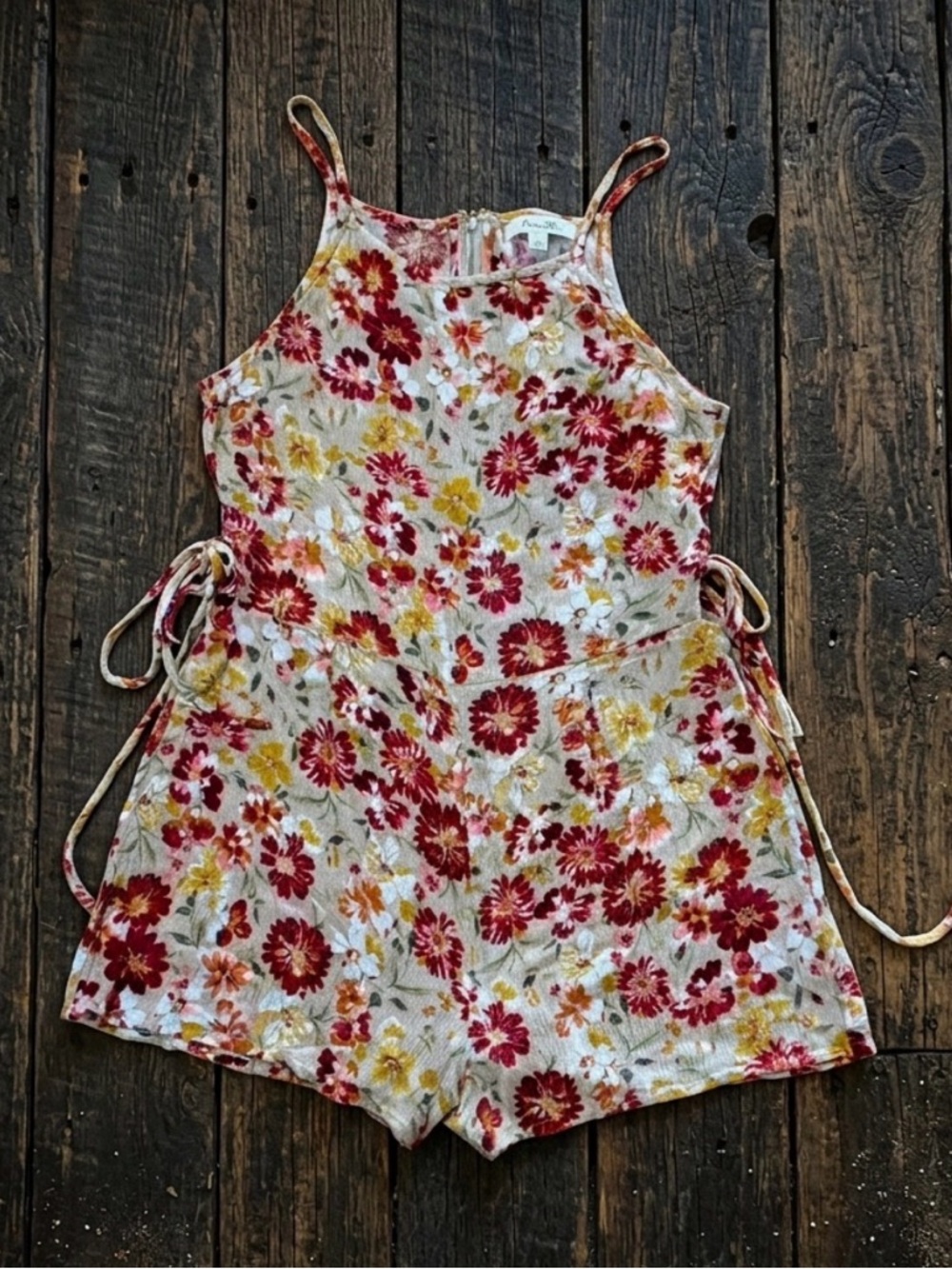 Active USA Floral Halter Romper in Cream, Red & Yellow